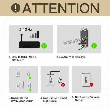 Smart Toggle Switch, Single Pole & 3 Way Light Switch 2.4G WiFi, ON/Off Style, Neutral Wire Required, Smart Life APP Remote Cont