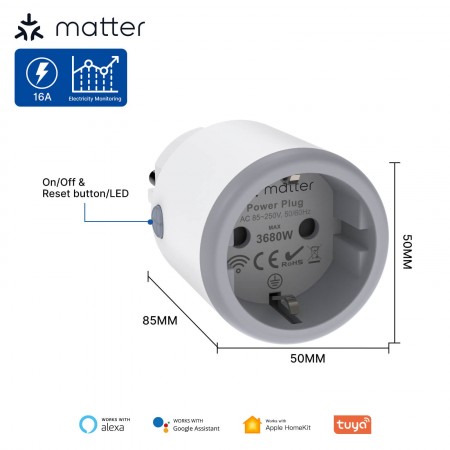 EU 16A Smart Plug Matter WiFi Socket Timer Outlet Power Monitor